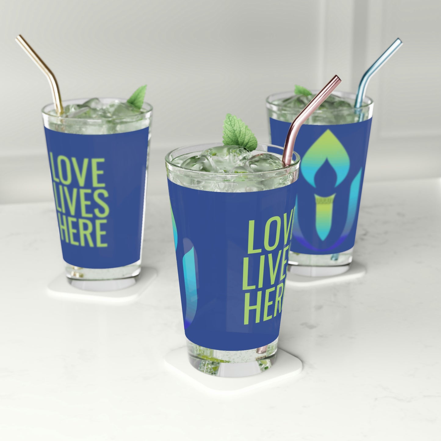 UUCOV Love Lives Here Pint Glass, 16oz