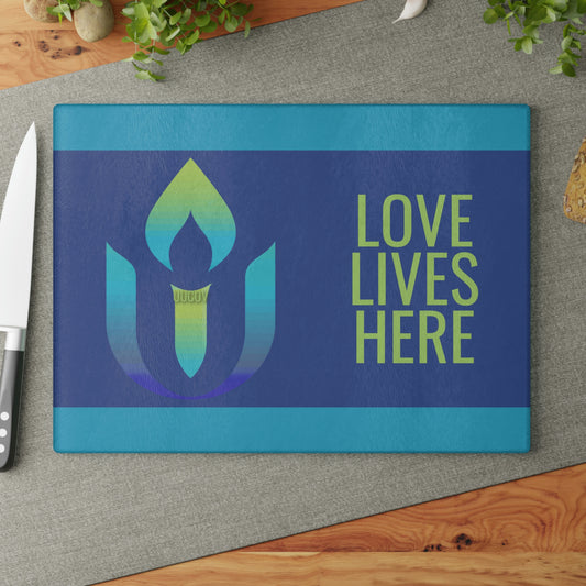 Love Lives Here Glass Cutting Board